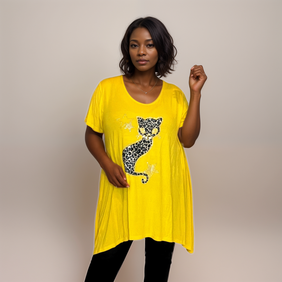 ROCKTHOSECURVES STUDDED CAT HANKY HEM SHORT SLEEVE LONG TOP