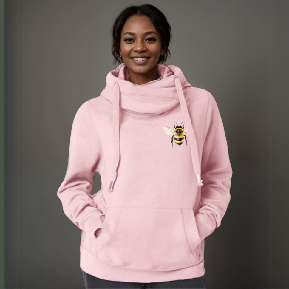 Plus-Size Cowl-Neck Cotton Hoodie with Bee Print