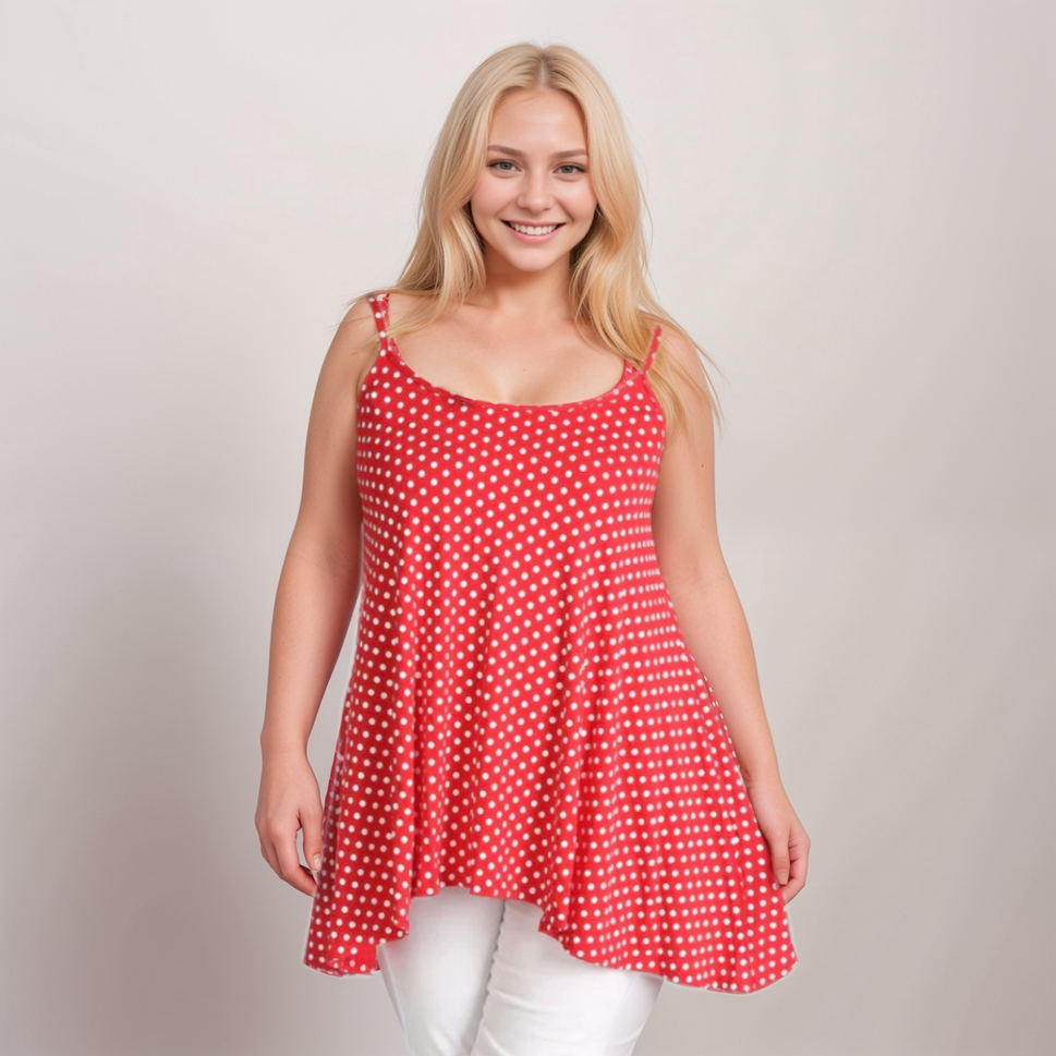 Plus‑Size Polka Dot Cami Vest Swing Top with Hanky Hem