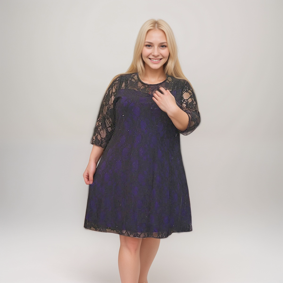 Plus‑Size Fine Lace 3/4 Sleeve Swing Dress with Sweetheart NecklineBLACK PURPLE / UK 14