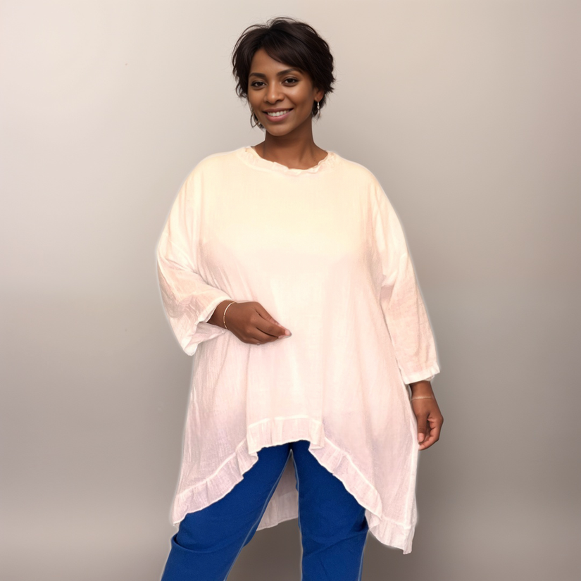 White Cotton Frilled Blouse with Hanky Hem