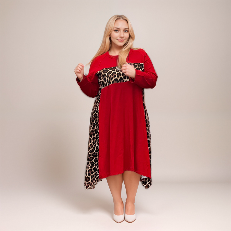 Loose-Fitting Hanny-Hem Dress with Leopard Panels