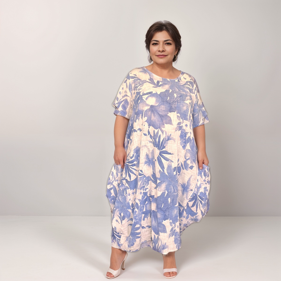 100% Cotton Floral-Print Loose-Fitting Dress with Side PocketsWHITE BLUE / UK 12-14