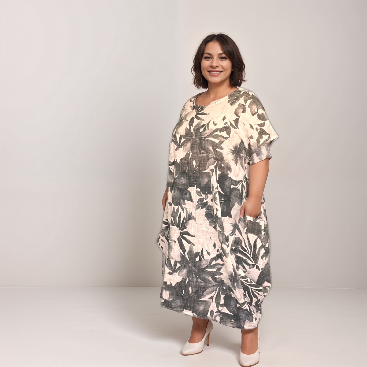 Cotton Floral Loose-Fit Dress with Side Pockets