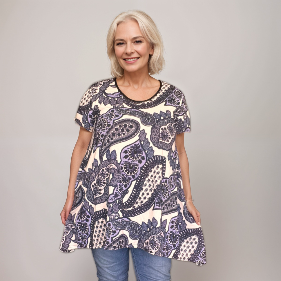 Navy White Paisley Hanky Hem Swing Top