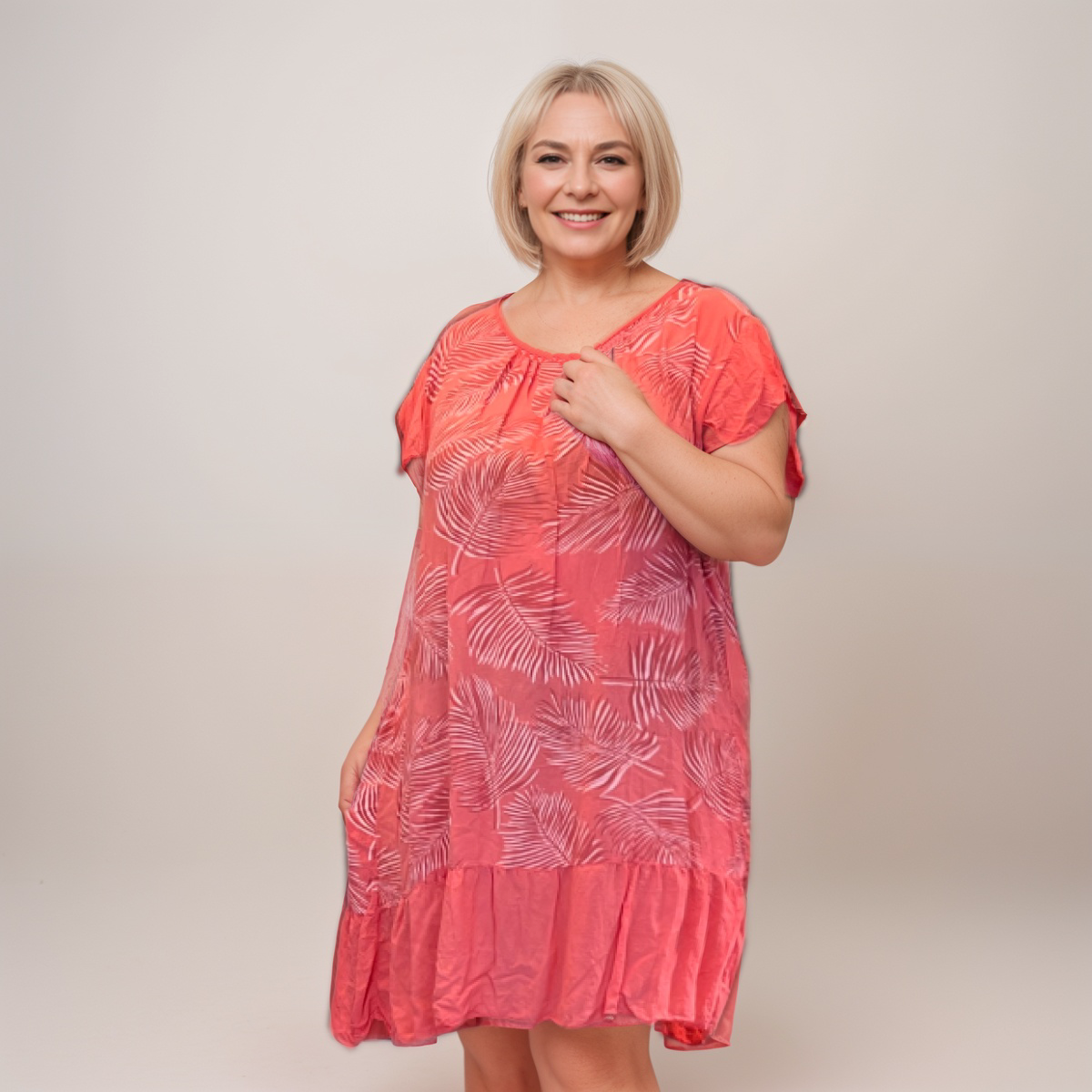 Pleated-Neck Leaf-Print Summer Dress