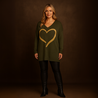 Oversized V-Neck Knitted Jumper with Gold Heart