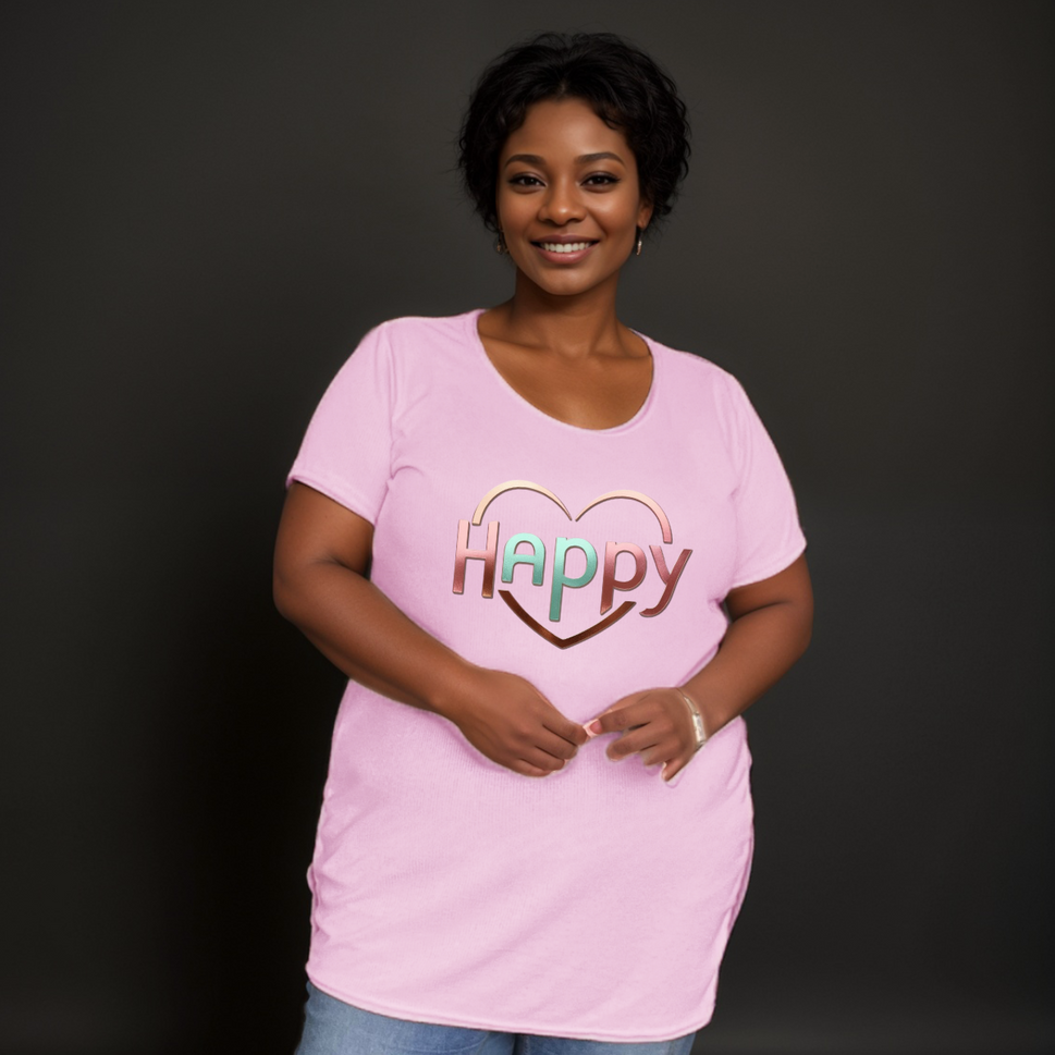 Soft Ribbed Long-Length T-Shirt with “Happy Heart” Front Logo