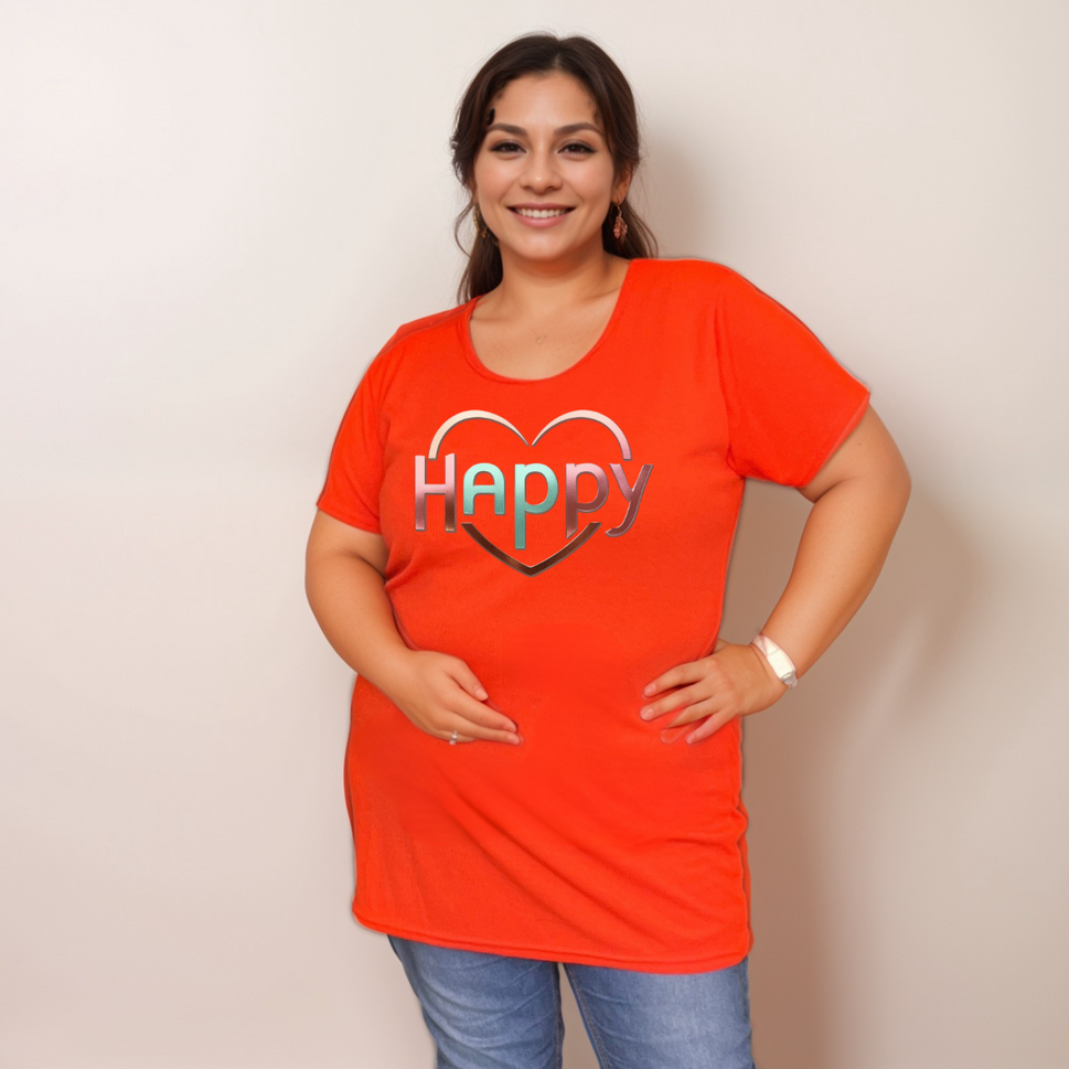 Soft Ribbed Long-Length T-Shirt with “Happy Heart” Front LogoRED / UK 20