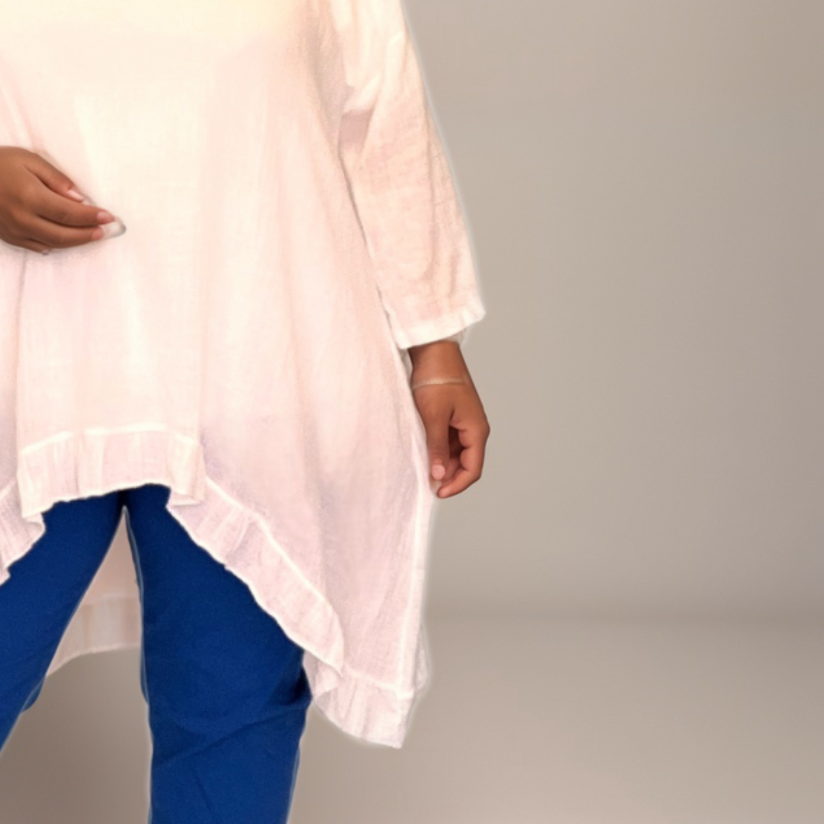 White Cotton Frilled Blouse with Hanky Hem