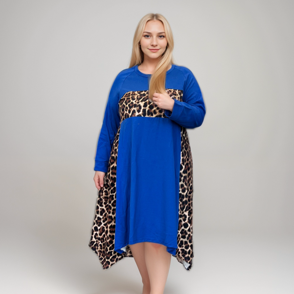 Loose-Fitting Hanny-Hem Dress with Leopard PanelsBLUE / UK 12-14