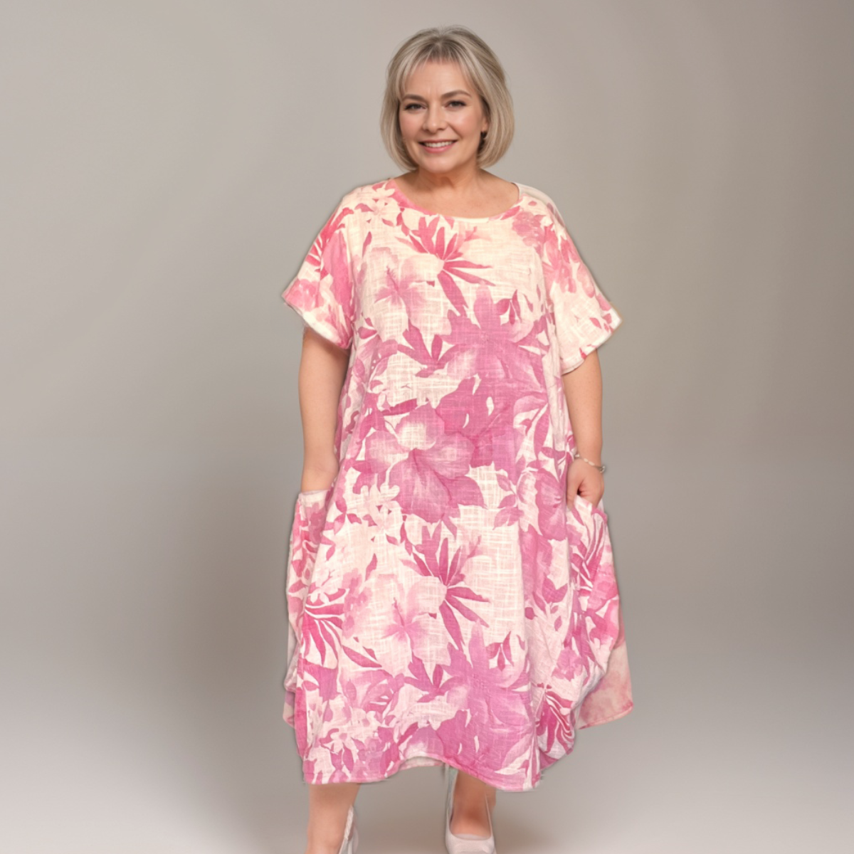 Cotton Floral Loose-Fit Dress with Side Pockets