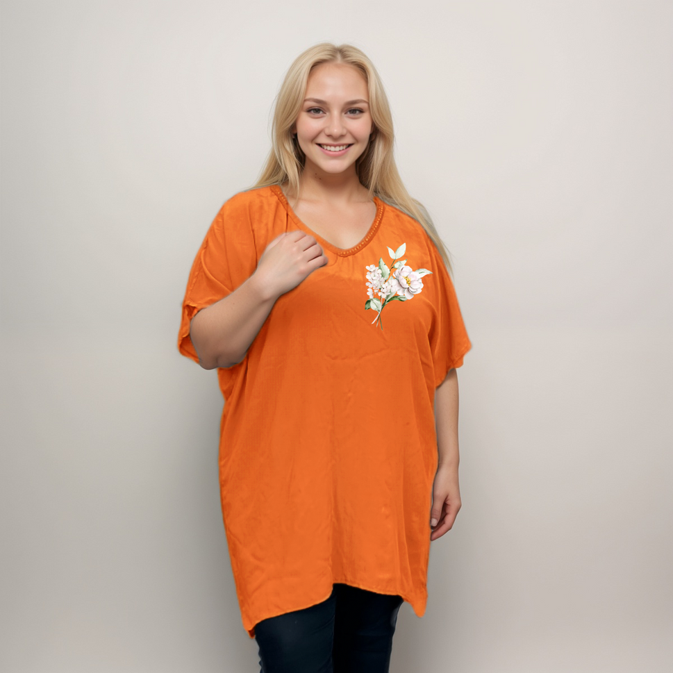 Peony Print Dipped-Hem Top with Embroidered V-NeckKHAKI / UK 12-14