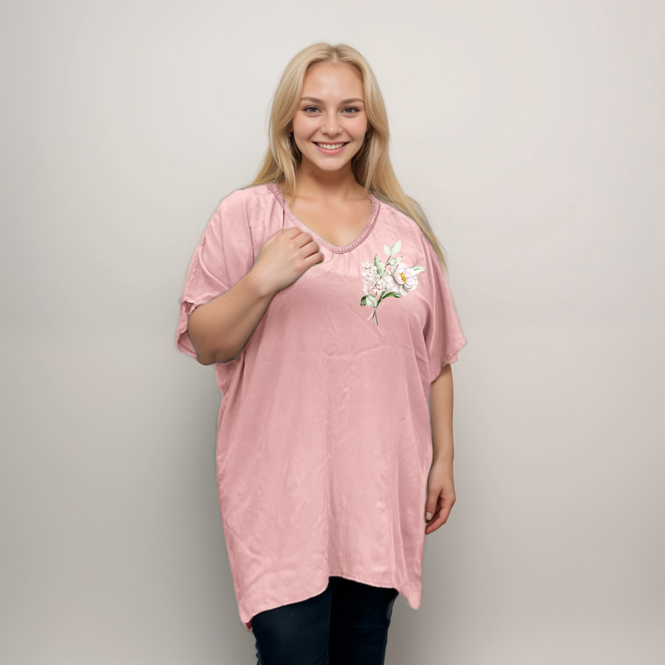 Peony Print Dipped-Hem Top with Embroidered V-NeckPINK / UK 12-14