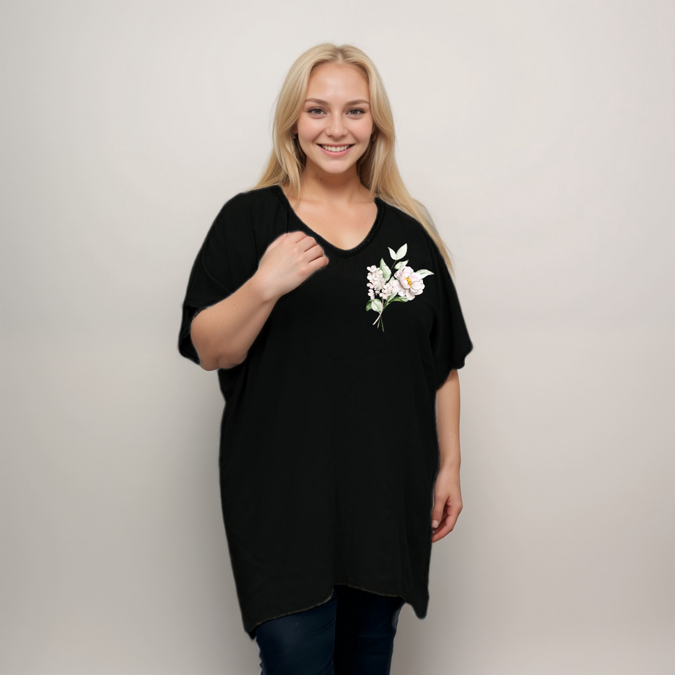 Peony Print Dipped-Hem Top with Embroidered V-NeckBLACK / UK 12-14