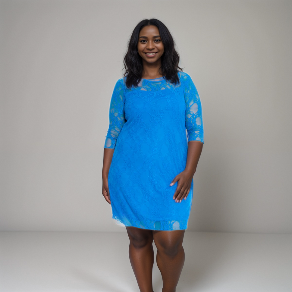 Plus‑Size Fine Lace 3/4 Sleeve Swing Dress with Sweetheart NecklineTURQUOISE / UK 14