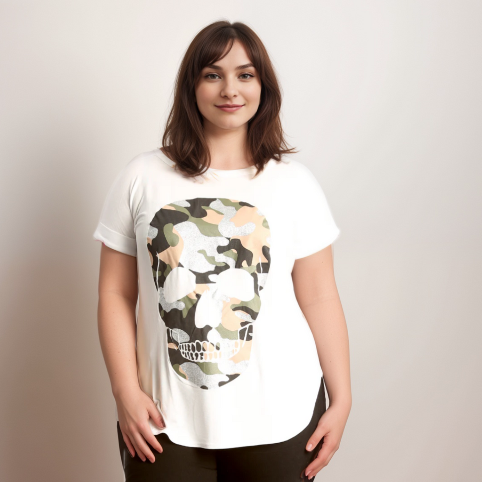Dipped Hem Short Sleeve Glitter Skull T-ShirtWHITE / UK 14