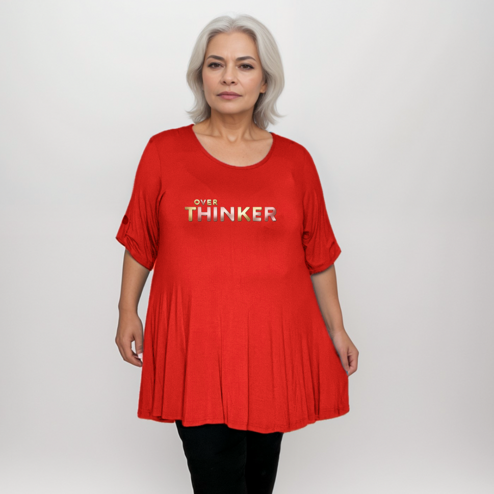 Button-Sleeve Swing Top with “Over Thinker” LogoRED / UK 14