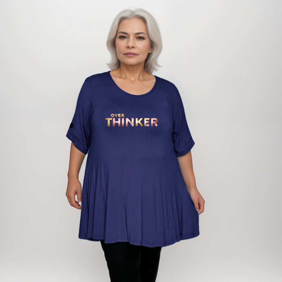 Button-Sleeve Swing Top with “Over Thinker” LogoNAVY BLUE / UK 14