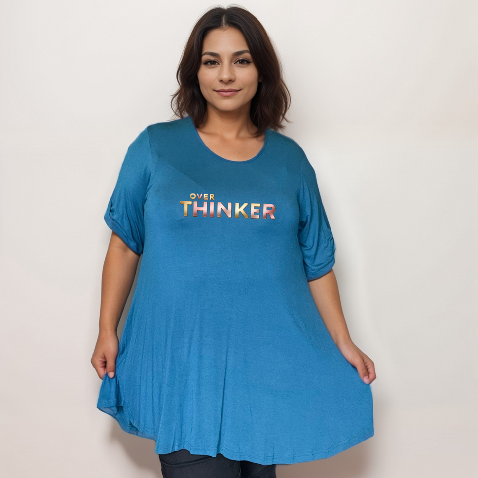Button-Sleeve Swing Top with “Over Thinker” LogoTEAL / UK 14