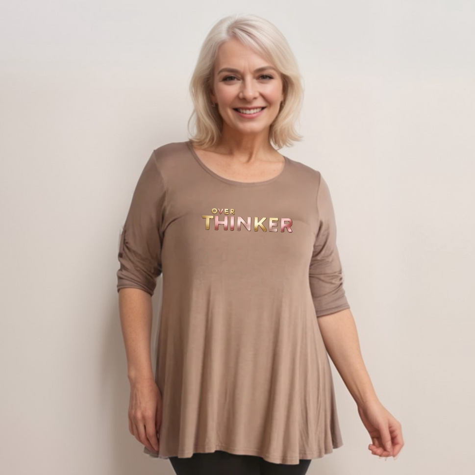 Button-Sleeve Swing Top with “Over Thinker” LogoMOCHA / UK 14