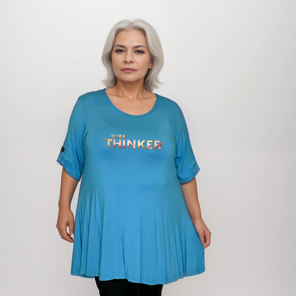 Button-Sleeve Swing Top with “Over Thinker” LogoTURQUOISE / UK 14
