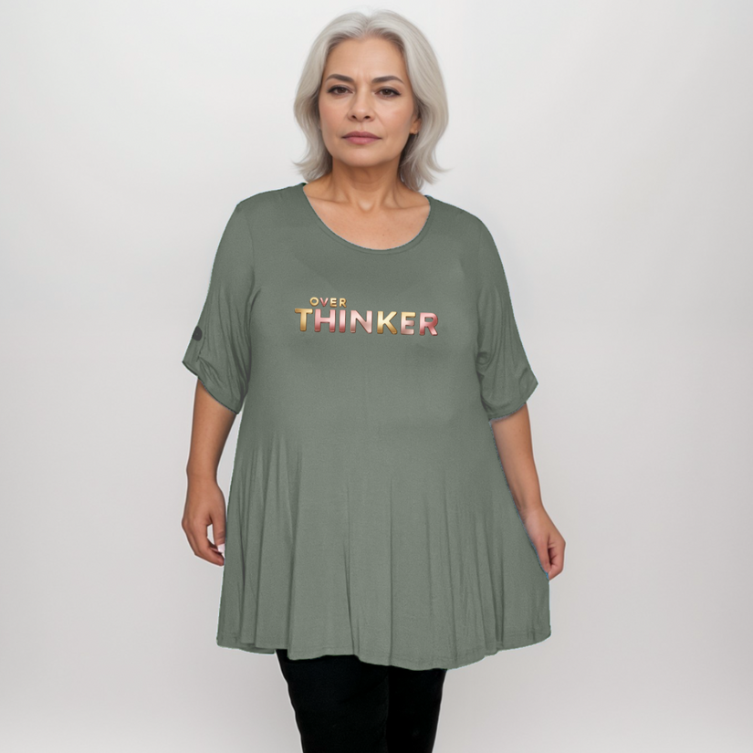 Button-Sleeve Swing Top with “Over Thinker” Logo
