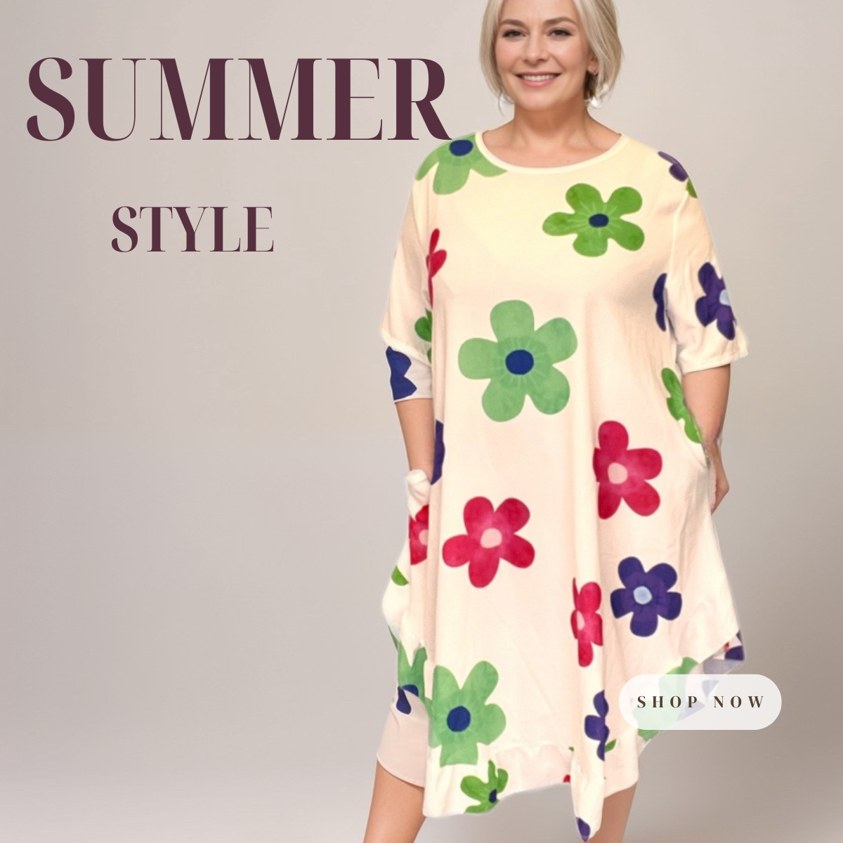 Plus‑Size Flower Print Frilled Dipped Hem Short Sleeve Dress