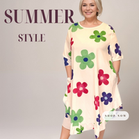 Plus‑Size Flower Print Frilled Dipped Hem Short Sleeve Dress