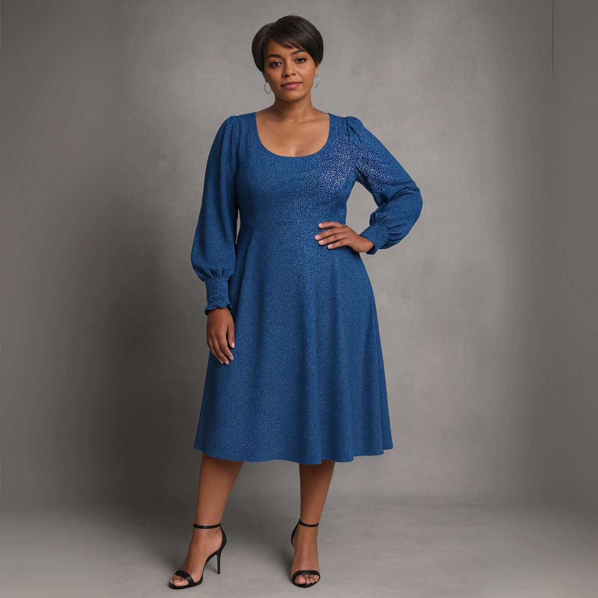 Blue Sparkly Bishop Sleeve Party Swing Dress