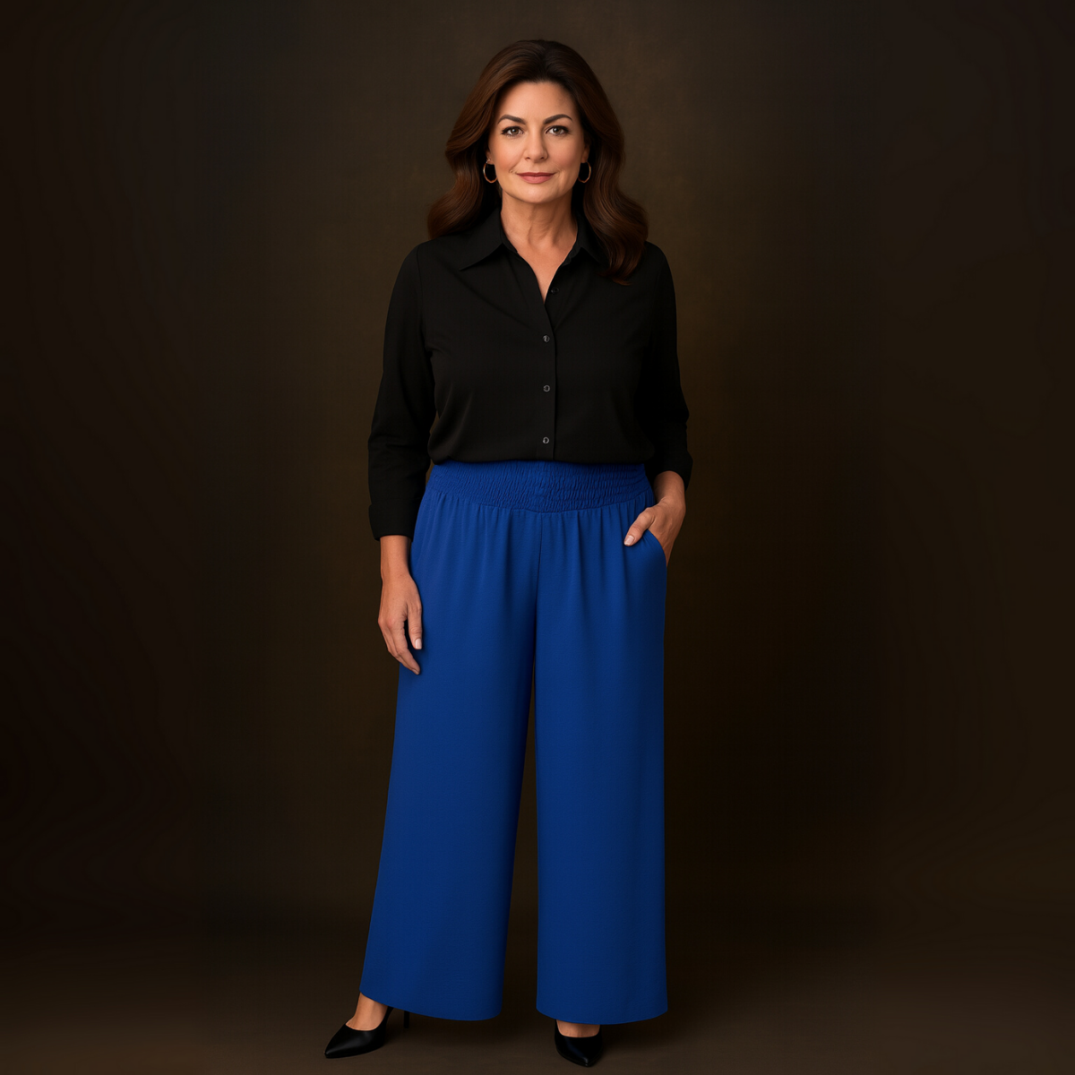 High Smock Waist Wide Leg Trousers With Pockets