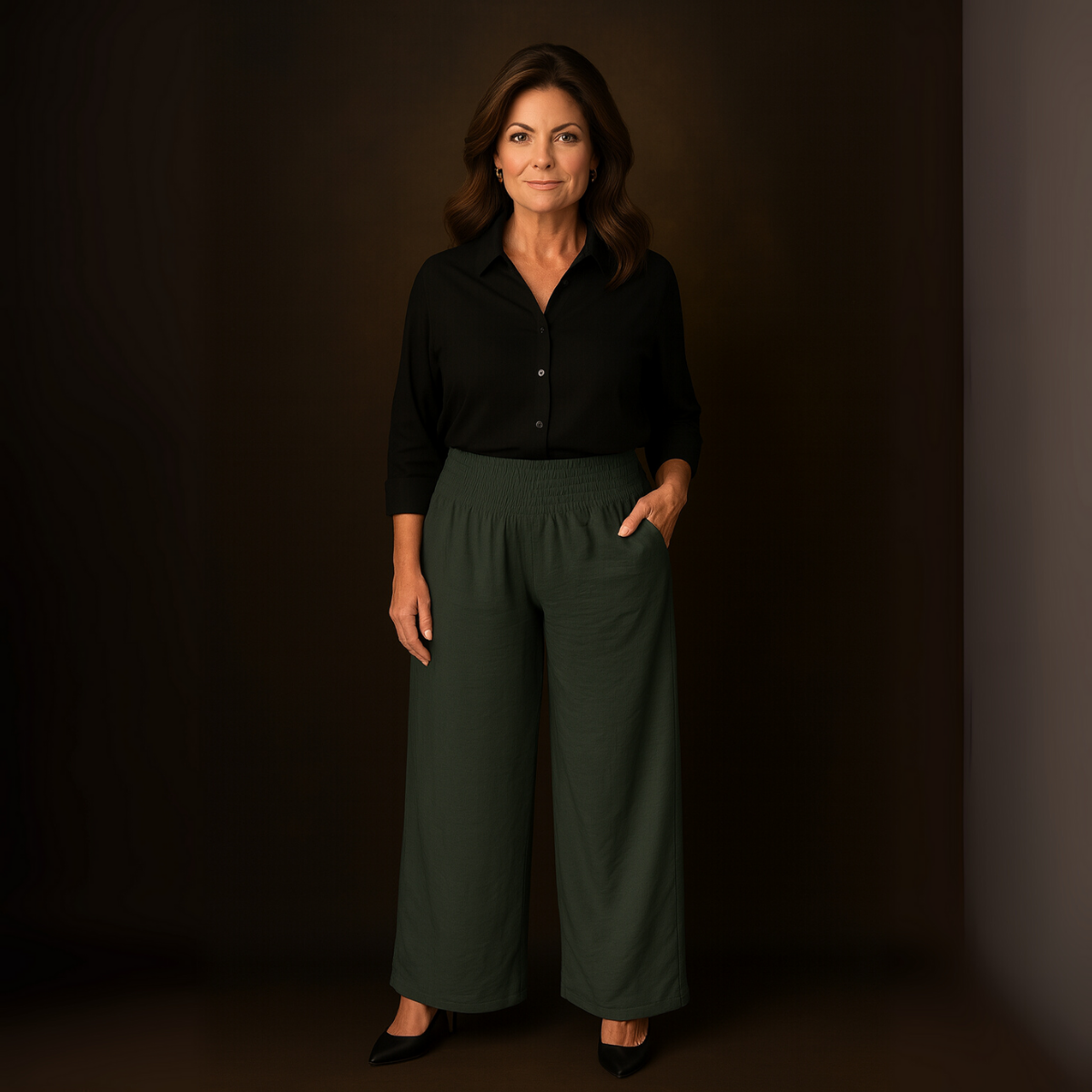 High Smock Waist Wide Leg Trousers With Pockets