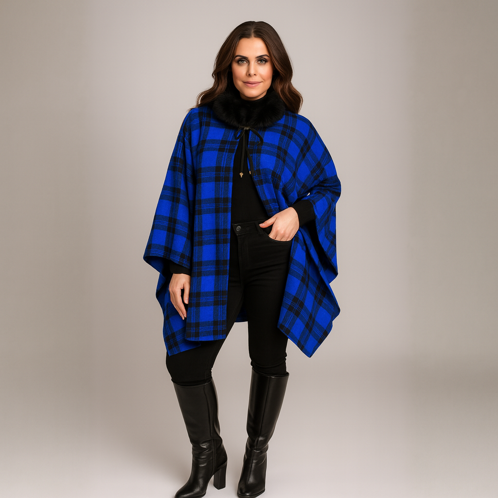 Tartan Fleece Oversized Poncho / Cape with Faux Fur Collar