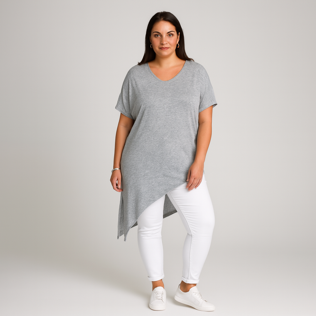 Short Sleeve Long Length Asymmetrical Hem Top