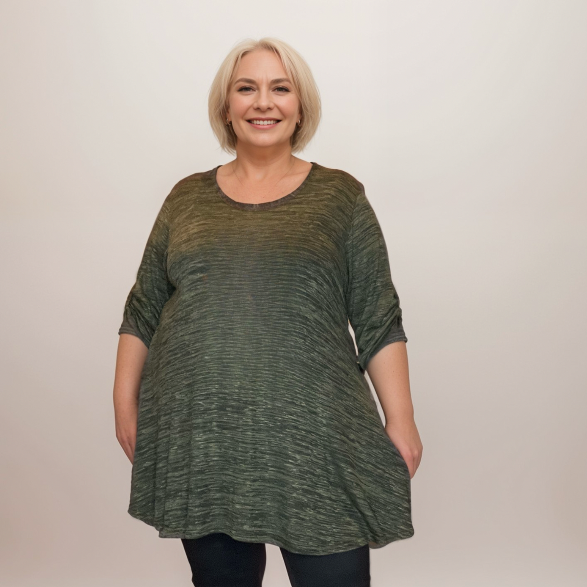 Plus‑Size Mottled Effect Button Sleeve Swing Top