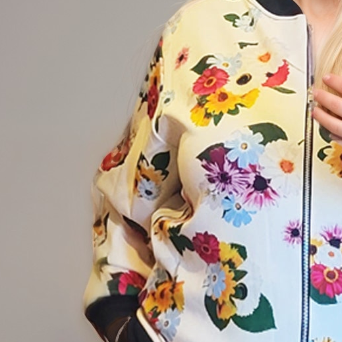 Plus‑Size White Floral Bomber Jacket