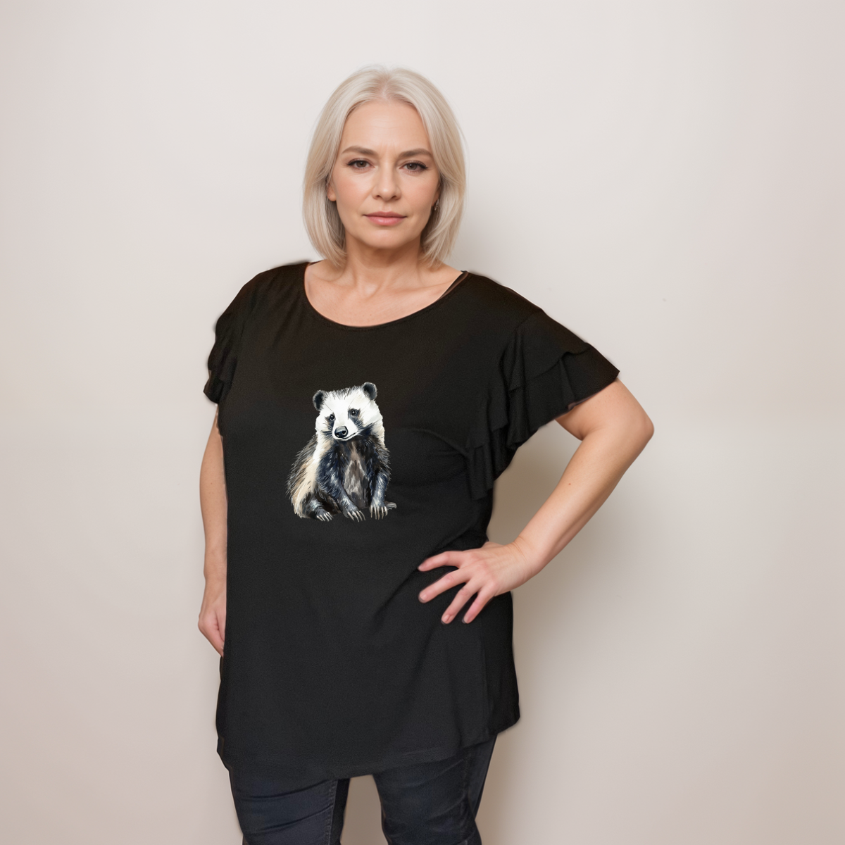 Plus‑Size Black Loose Fitting Top with Badger & Frilled Sleeves