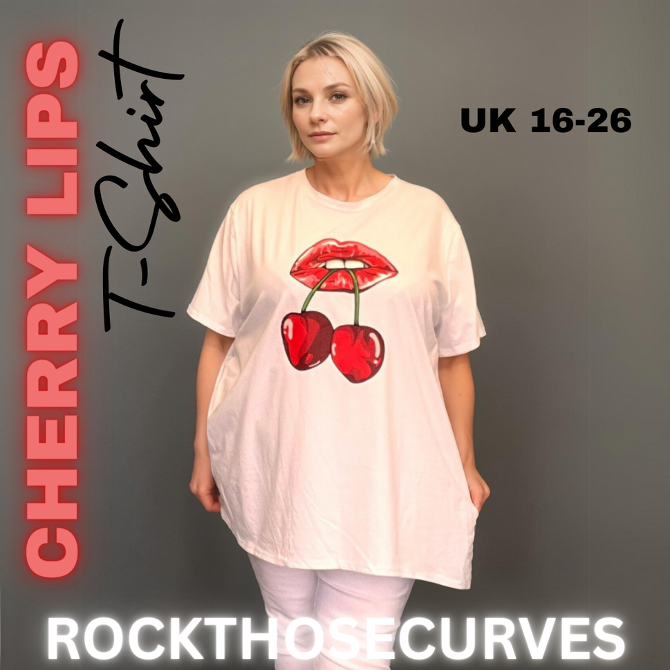 ROCKTHOSECURVES CHERRY LIPS SHORT SLEEVE T-SHIRT LONGER LENGTHWHITE / UK 20-22