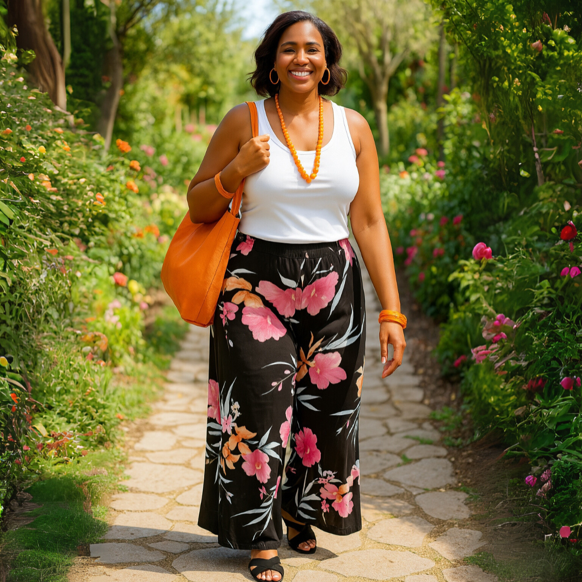 Black Multi Tropical Palazzo Trousers