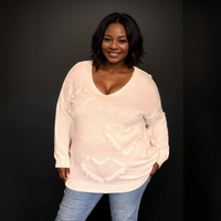 V NECK DISTRESSED HEART LONG JUMPER