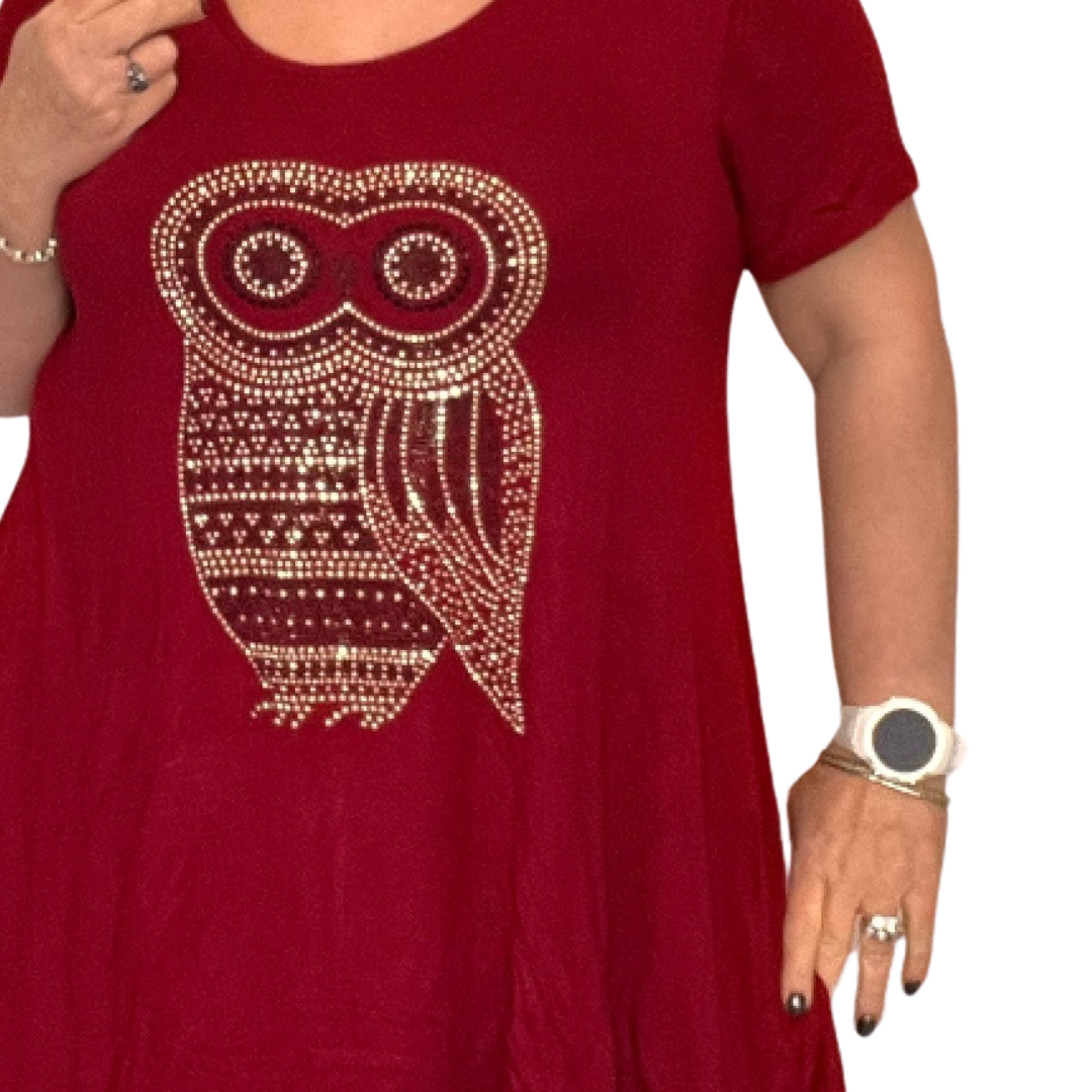 ROCKTHOSECURVES SHORT SLEEVE HANKY HEM STUDDED OWL LONG LENGTH TOP