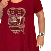ROCKTHOSECURVES SHORT SLEEVE HANKY HEM STUDDED OWL LONG LENGTH TOP