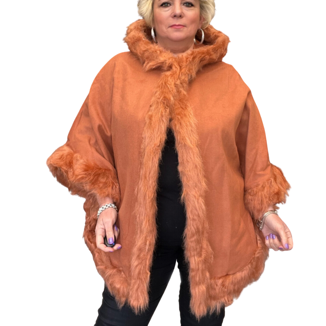 WOOL PONCHO / CAPE COAT WITH FAUX FUR EDGING AND HOOD