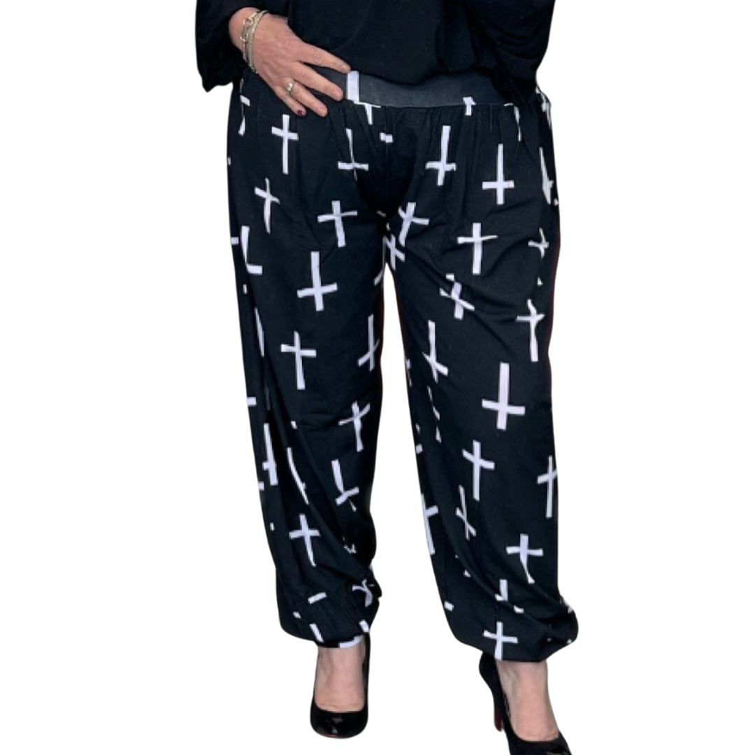 BLACK WHITE CROSS LOOSE FIT WIDE LEG HAREM PANTS ALI BABA TROUSERS