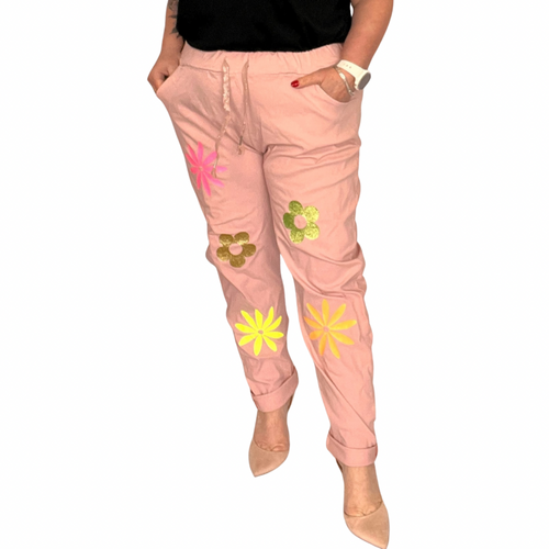 SPARKLY FLOWER SUPER STRETCHY MAGIC TROUSERS JEANS ELASTIC WAIST