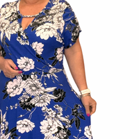 BLUE FLORAL SHORT SLEEVE MOCK WRAP SKATER DRESS