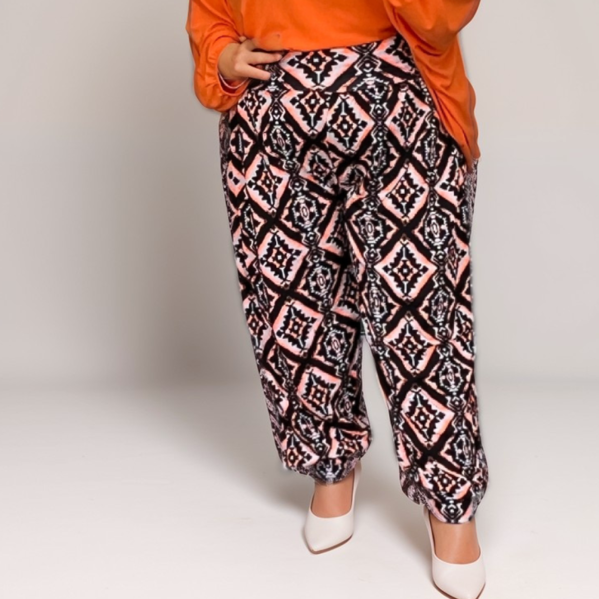 Black & Orange Tile-Print Harem Pants Plus-Size