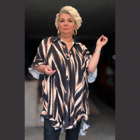 ZIG ZAG PRINT FRILLED EDGE PLEATED LONG LENGTH OVERSIZED BLOUSE / SHIRT