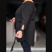 OFF SHOULDER LONG LENGTH DIPPED HEM TOP WITH TIE SLEEVES