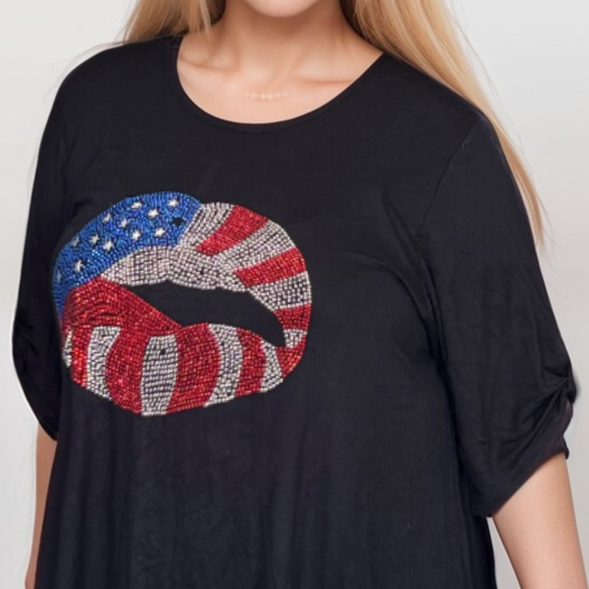 BLACK BUTTON SLEEVE SWING TOP WITH STUDDED USA LIPS